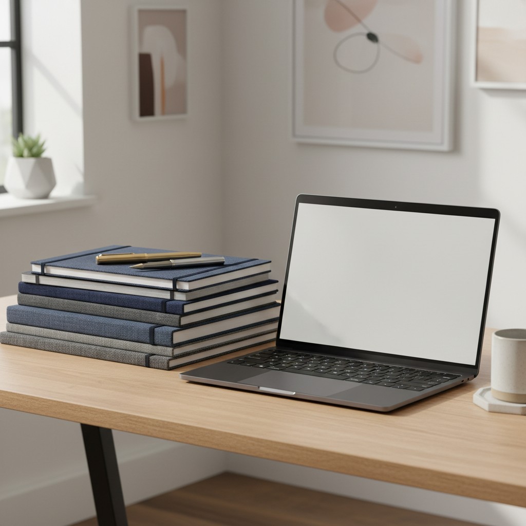 A stack of books, a laptop with a blank screen, and some office items on a desk.