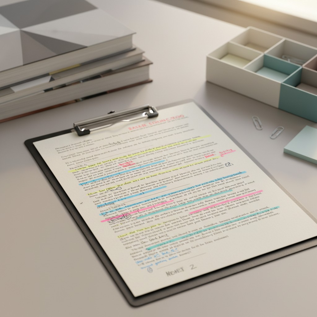 Desk with books, paper clip, storage box, and a notepad with notes.