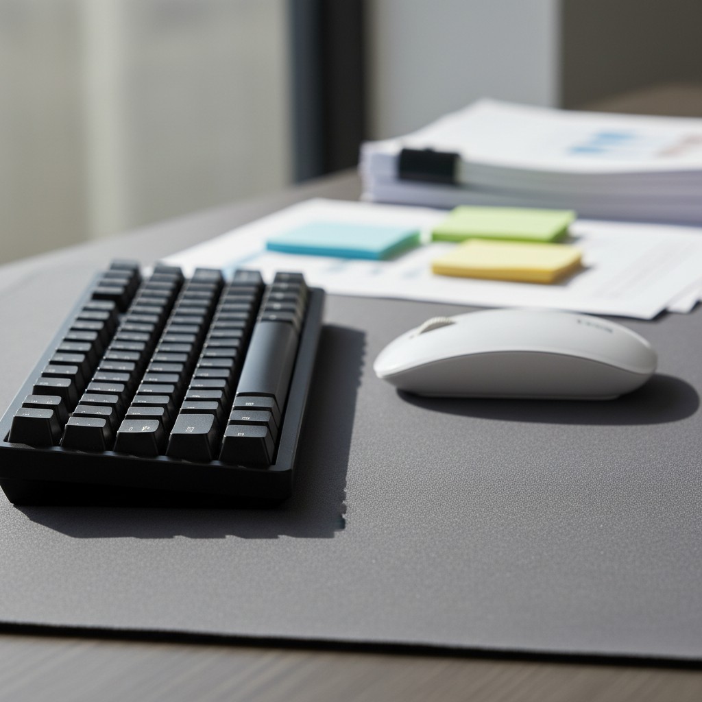 A gray desk with a computer mouse and keyboard, accompanied by papers and post-it notes in the background.